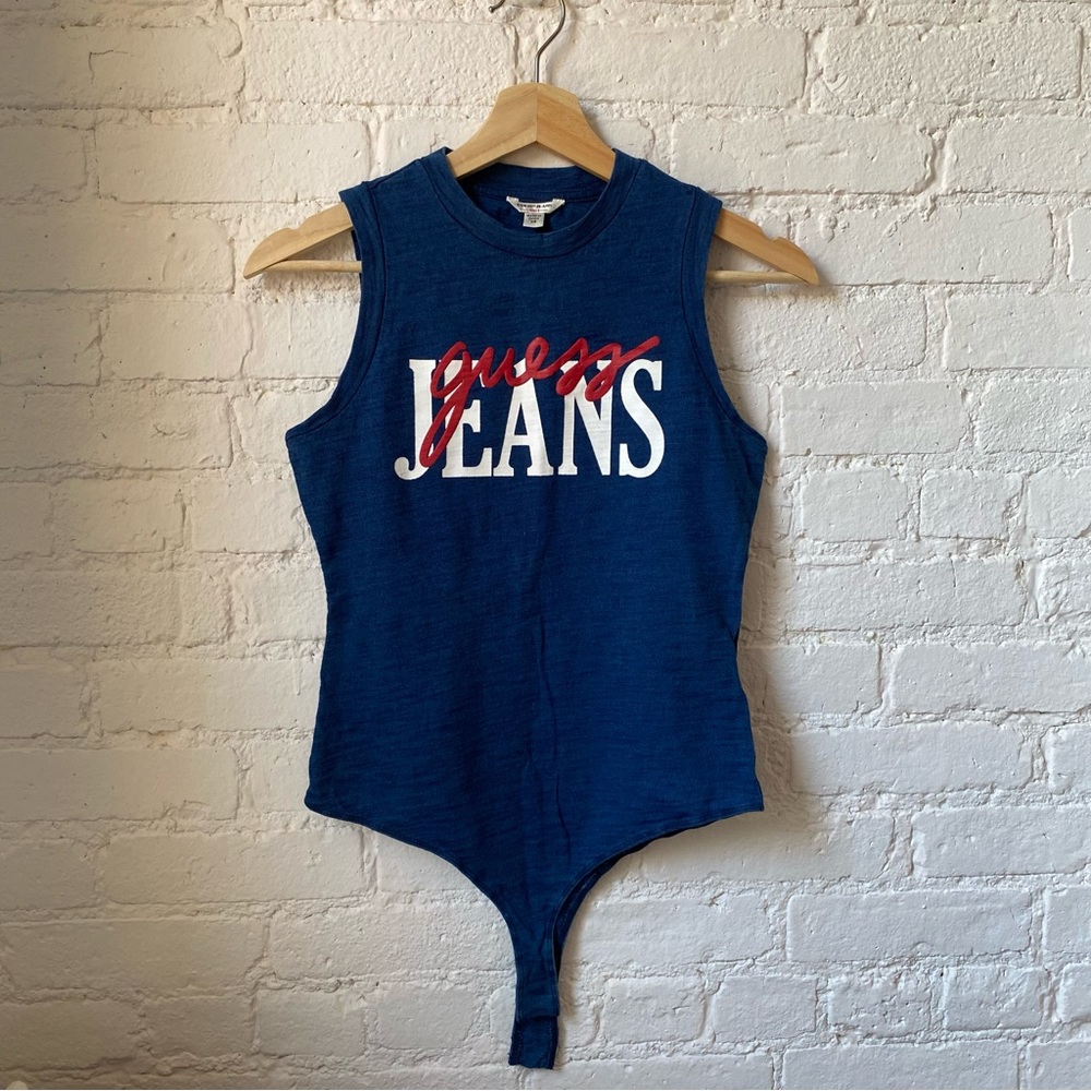 GUESS Jeans 🔻 Sleeveless Blue Logo Thong Bodysuit | XS